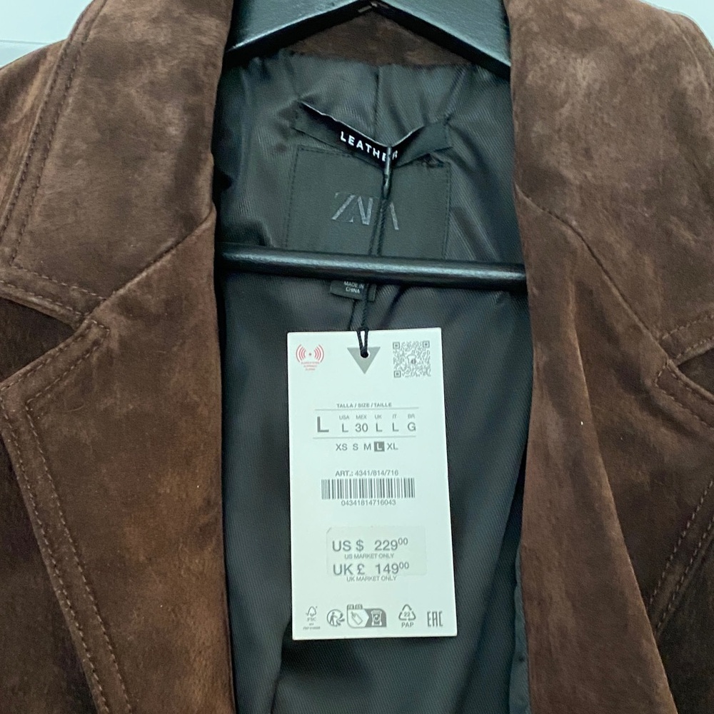 Zara Women's Dark Brown Genuine Suede Oversized Jacket L - Picture 10 of 11